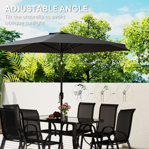 8 Pieces Patio Table and Chairs Set with 9 Ft Patio Umbrella, Outdoor Dining Set with 4.6 Ft Dining Table and 6 Chairs, Push Button Tilt and Crank Parasol, Tempered Glass Top, Black