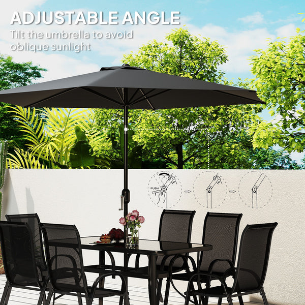 8 Pieces Patio Table and Chairs Set with 9 Ft Patio Umbrella, Outdoor Dining Set with 4.6 Ft Dining Table and 6 Chairs, Push Button Tilt and Crank Parasol, Tempered Glass Top, Black