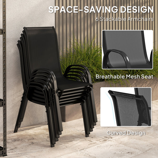 8 Pieces Patio Table and Chairs Set with 9 Ft Patio Umbrella, Outdoor Dining Set with 4.6 Ft Dining Table and 6 Chairs, Push Button Tilt and Crank Parasol, Tempered Glass Top, Black