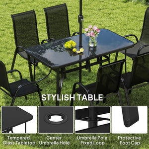 8 Pieces Patio Table and Chairs Set with 9 Ft Patio Umbrella, Outdoor Dining Set with 4.6 Ft Dining Table and 6 Chairs, Push Button Tilt and Crank Parasol, Tempered Glass Top, Black