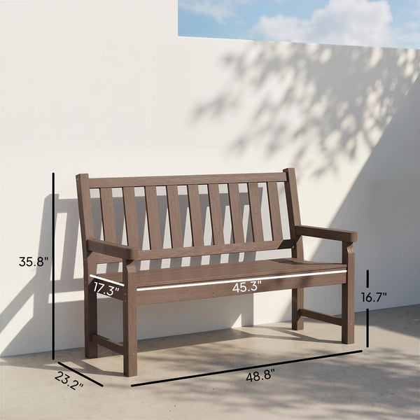 Outdoor Bench, 49" All-Weather HDPE Garden Bench, 2-Person Patio Loveseat with 528 lbs Capacity, Curved Seat for Backyard, Park, Porch, Lawn, Park, Brown