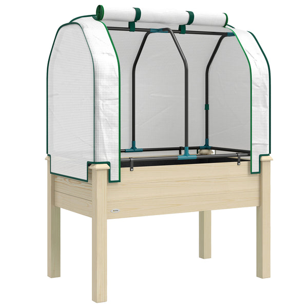 Raised Garden Bed with PE Greenhouse Cover Outdoor Elevated Wood Planter Box for Herbs and Vegetables, Use for Patio, Backyard, Balcony, 35 x 22 x 47 inch, Natural
