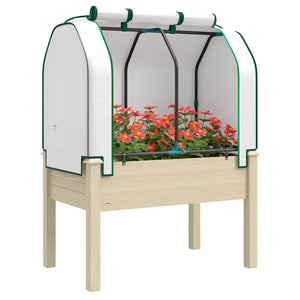 Raised Garden Bed with PE Greenhouse Cover Outdoor Elevated Wood Planter Box for Herbs and Vegetables, Use for Patio, Backyard, Balcony, 35 x 22 x 47 inch, Natural