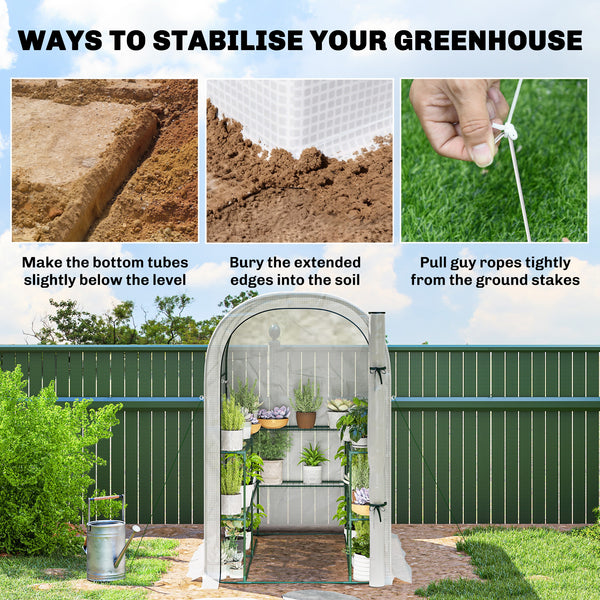 Walk-in Greenhouse with Shelves, Small Greenhouse with Roll-up Door, Garden Plant Growhouse with PE Cover, 123 x 187 x 189 cm, White