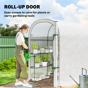 Walk-in Greenhouse with Shelves, Small Greenhouse with Roll-up Door, Garden Plant Growhouse with PE Cover, 123 x 187 x 189 cm, White