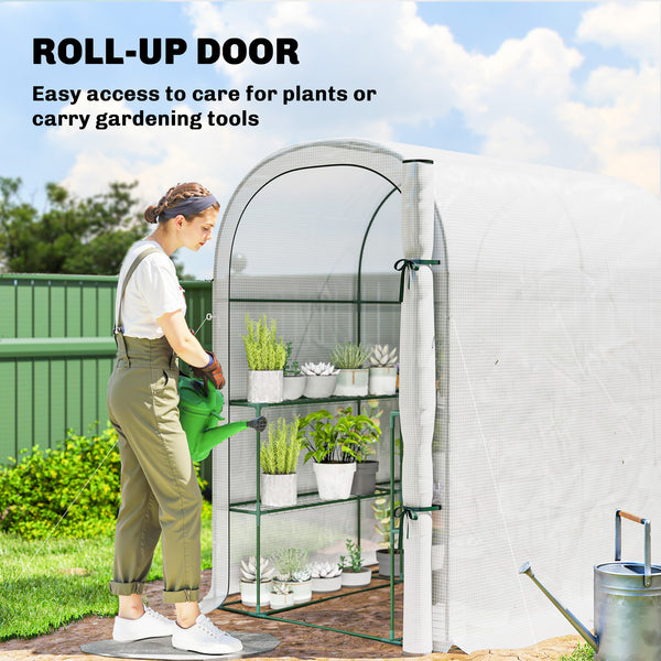 Walk-in Greenhouse with Shelves, Small Greenhouse with Roll-up Door, Garden Plant Growhouse with PE Cover, 123 x 187 x 189 cm, White