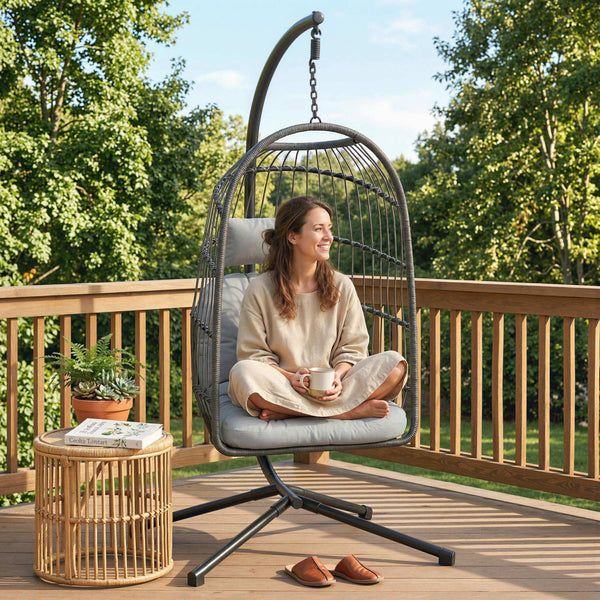 Hanging Egg Chair, Indoor Outdoor Hammock Swing Chair with Stand, Safety Strap, Foldable Basket, Thick Cushions, Headrest, Adjustable Height, Metal Frame for Garden Balcony, Dark/Light Grey