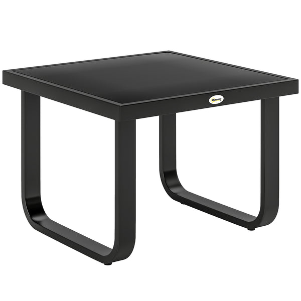 Metal Garden Coffee Table, Outdoor Rectangle Side Table with Tempered Glass Tabletop and Adjustable Foot Pads for Terrace, Balcony, Patio, 45 x 45 x 33 cm, Black