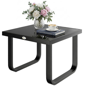 Metal Garden Coffee Table, Outdoor Rectangle Side Table with Tempered Glass Tabletop and Adjustable Foot Pads for Terrace, Balcony, Patio, 45 x 45 x 33 cm, Black