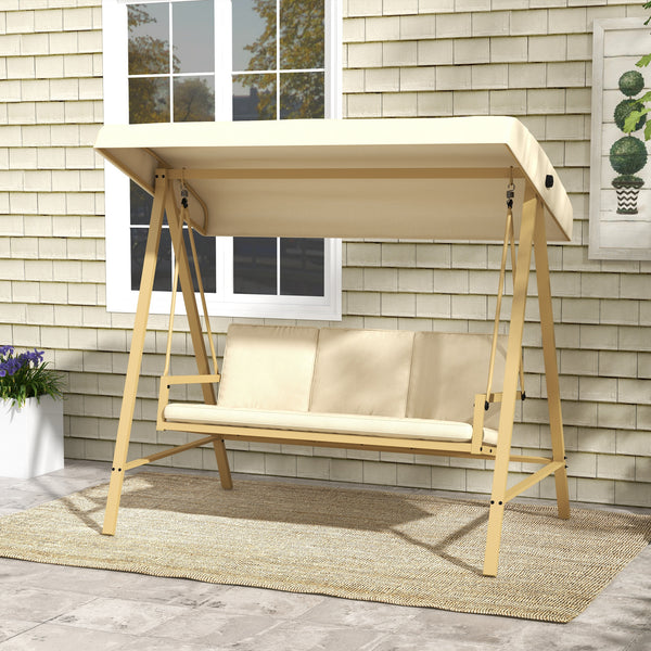 3 Seater Garden Swing Chair, Outdoor Hammock Bench with Adjustable Canopy, Removable Cushions and Steel Frame, Beige