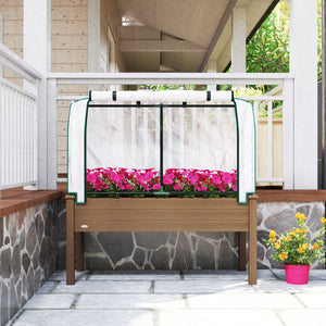 Raised Garden Bed with PE Greenhouse Cover Outdoor Elevated Wood Planter Box for Herbs and Vegetables, Use for Patio, Backyard, Balcony, 48 x 22 x 46 inch, Brown