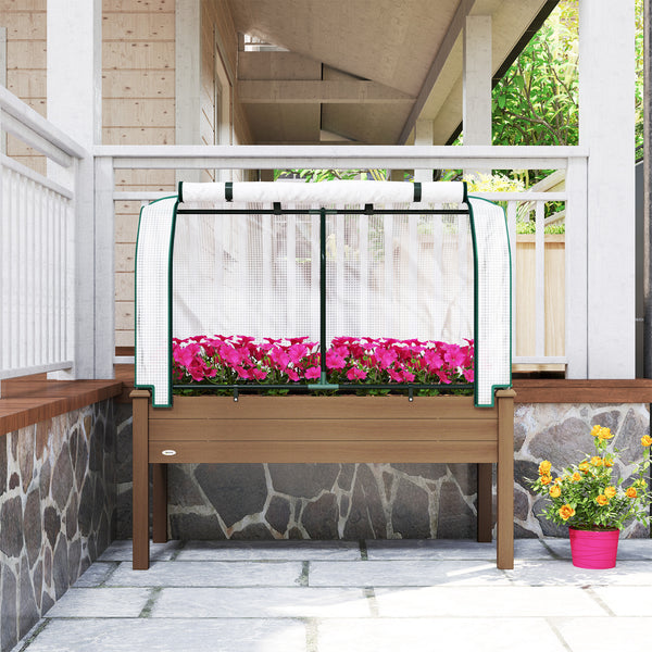 Raised Garden Bed with PE Greenhouse Cover Outdoor Elevated Wood Planter Box for Herbs and Vegetables, Use for Patio, Backyard, Balcony, 48 x 22 x 46 inch, Brown