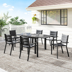 7 Piece Patio Dining Set for 6, Aluminum Expandable Outdoor Table and Stackable Chairs with Padded Back and Mesh Seats, Patio Furniture Dining Set for Garden, Black