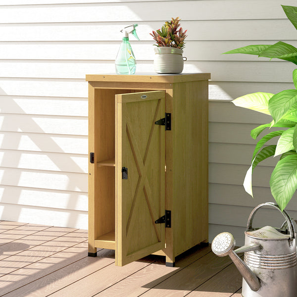 Wooden Garden Shed, Garden Tool Storage Shed with Galvanised Top and Shelf, Outdoor Storage Cabinet with Door, Light Brown