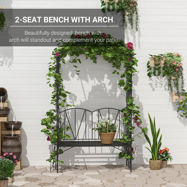 Garden Bench, 2 Seater Outdoor Patio Bench, Metal Garden Loveseat with Arch for Vines and Climbing Plants for Outdoor Space, Black