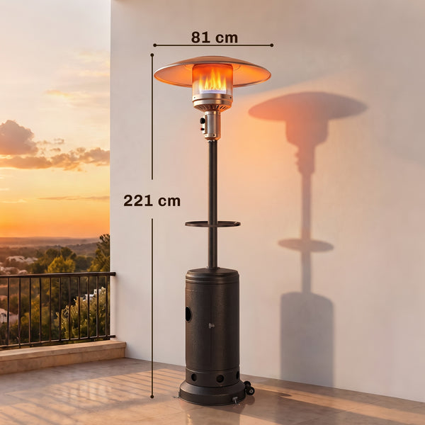 Gas Patio Heater with Table Tray, 13 kW Portable Propane Outdoor Heater with Stepless Heat Control, Piezo Ignition, Tip-over Protection, 2 Wheels for Garden, Brown