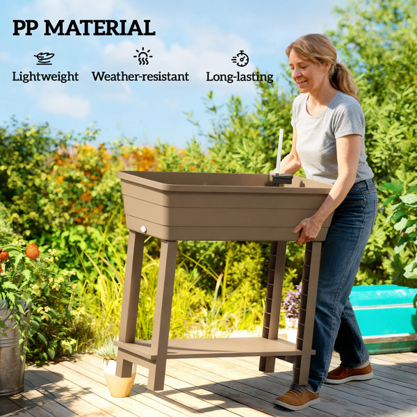 41L Self Watering Raised Garden Bed with Ventilation Transparent Lid Greenhouse, Storage Shelf, Planter Box with Water Level Indicator, 29.5" x 14.2" x 36.2", Brown