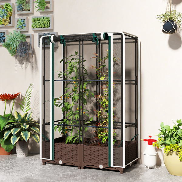 Raised Garden Bed with Trellis, 46.5" Tomato Cage with Crop Cage, Self Watering Planter Box with Drainage Holes and Plugs for Outdoor Patio Climbing Plants, Vines, Vegetables, Flowers, White
