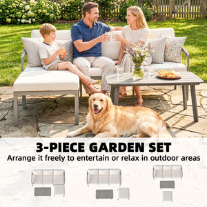 3 Piece Garden Dining Set, Outdoor Patio Furniture with 3 Seater Sofa, Footstool, Coffee Table and Cuhsions, Garden Sofa Set Conversation Furniture for Porch Patio Balcony, Grey