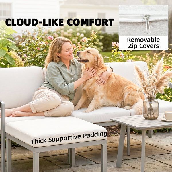 3 Piece Garden Dining Set, Outdoor Patio Furniture with 3 Seater Sofa, Footstool, Coffee Table and Cuhsions, Garden Sofa Set Conversation Furniture for Porch Patio Balcony, Grey