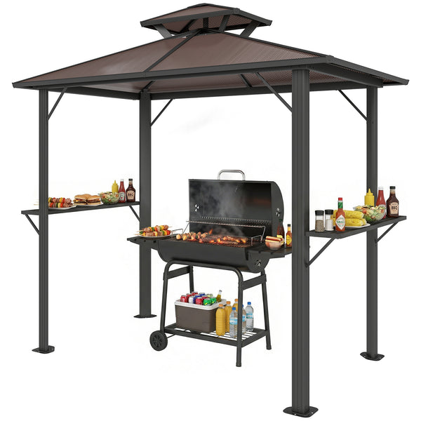 2.5 x 1.5 m Hardtop BBQ Grill Gazebo with Double Polycarbonate Roof, Aluminium Outdoor BBQ Gazebo Shelter Grill Canopy with 2 Side Shelves for Garden Patio, Brown
