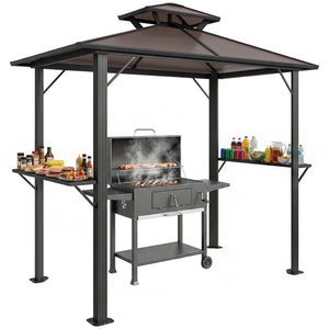 2.5 x 1.5 m Hardtop BBQ Grill Gazebo with Double Polycarbonate Roof, Aluminium Outdoor BBQ Gazebo Shelter Grill Canopy with 2 Side Shelves for Garden Patio, Brown