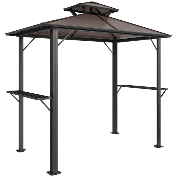 2.5 x 1.5 m Hardtop BBQ Grill Gazebo with Double Polycarbonate Roof, Aluminium Outdoor BBQ Gazebo Shelter Grill Canopy with 2 Side Shelves for Garden Patio, Brown