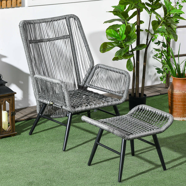 2 Pieces PE Rattan Garden Leisure Chair Set with Adjustable Backrest, Outdoor Reclining Patio Chair and Footrest with Cushion, Light Grey