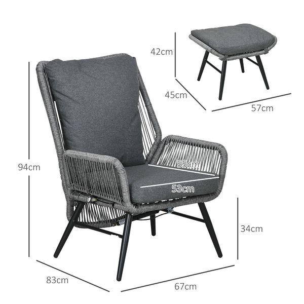 2 Pieces PE Rattan Garden Leisure Chair Set with Adjustable Backrest, Outdoor Reclining Patio Chair and Footrest with Cushion, Light Grey