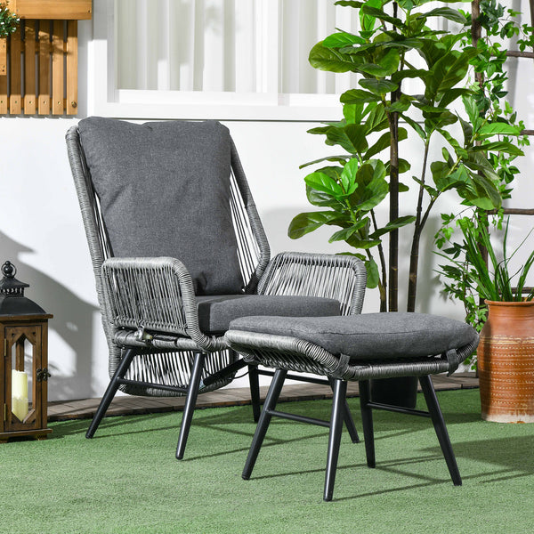 2 Pieces PE Rattan Garden Leisure Chair Set with Adjustable Backrest, Outdoor Reclining Patio Chair and Footrest with Cushion, Light Grey