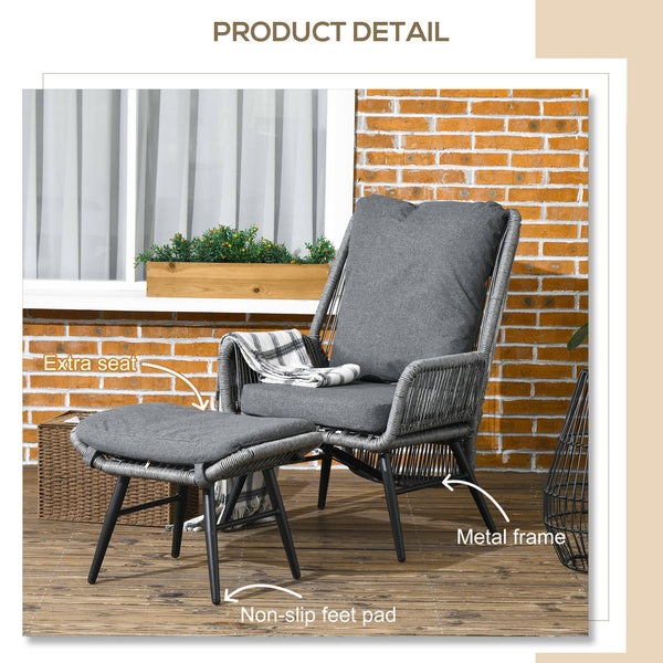 2 Pieces PE Rattan Garden Leisure Chair Set with Adjustable Backrest, Outdoor Reclining Patio Chair and Footrest with Cushion, Light Grey