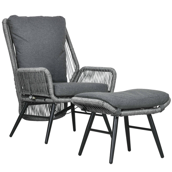 2 Pieces PE Rattan Garden Leisure Chair Set with Adjustable Backrest, Outdoor Reclining Patio Chair and Footrest with Cushion, Light Grey