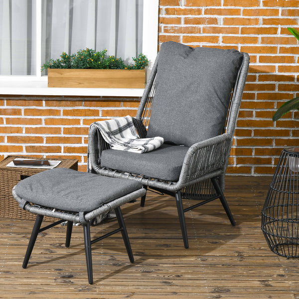 2 Pieces PE Rattan Garden Leisure Chair Set with Adjustable Backrest, Outdoor Reclining Patio Chair and Footrest with Cushion, Light Grey