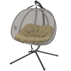 Double Egg Chair with Stand, 2 Person Hanging Swing Egg Chair Outdoor Indoor, 528 LBS Capacity Loveseat Hammock Swing with Cushion, Pockets, Khaki