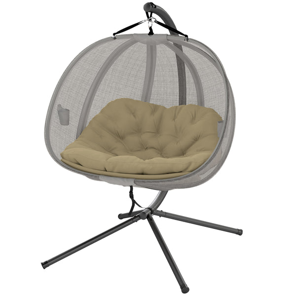 Double Egg Chair with Stand, 2 Person Hanging Swing Egg Chair Outdoor Indoor, 528 LBS Capacity Loveseat Hammock Swing with Cushion, Pockets, Khaki