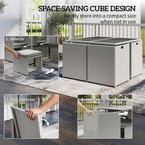 8 Seater Rattan Cube Garden Furniture Set, Space Saving Outdoor Dining Set with Cushions, Garden Table and Chairs with 4 Armchairs, 4 Footstools, Square Glass Top Table, Light Grey