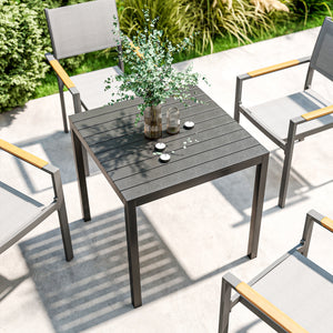 29" Aluminum Outdoor Dining Table for 4, Patio Table with Wood Grain Table Top, for Garden, Lawn, Balcony, Deck, Black