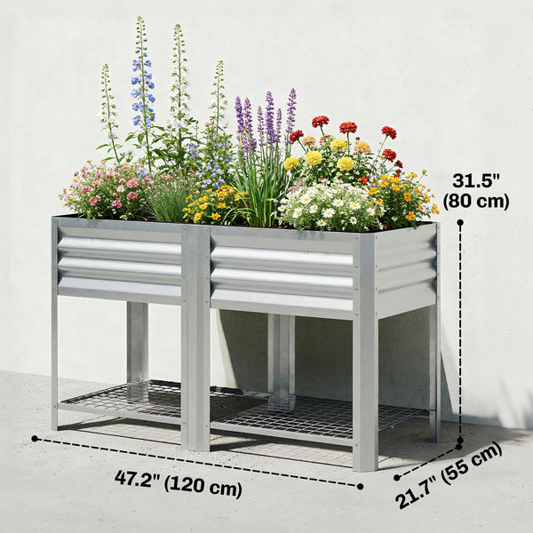 Galvanized Steel Raised Garden Bed, Elevated Planter Box with Legs and Storage Shelf, Raised Planter for Vegetables, Flowers, Herbs, for Outdoor, Patio, Yard, Silver