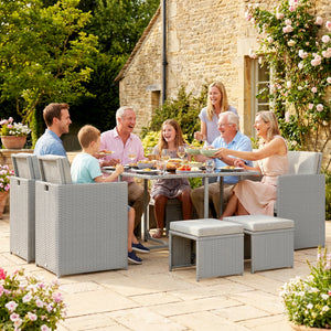 8 Seater Rattan Cube Garden Furniture Set, Space Saving Outdoor Dining Set with Cushions, Garden Table and Chairs with 4 Armchairs, 4 Footstools, Square Glass Top Table, Light Grey