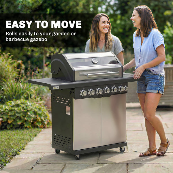 6+1 Burner Gas BBQ Grill, Portable Outdoor Barbecue Trolley with Wheels, Warming Rack, Built-in Thermometer, Side Shelves, Cabinet, Bottle Opener, Lid with Viewing Window, Silver Tone