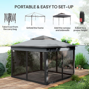 10.7 x 10.7ft Pop Up Camping Gazebo, Height Adjustable Instant Sun Shelter with UV30+ Roof Cover, Removable Mesh Curtains and Carrying Bag for Patio, Backyard, Dark Grey