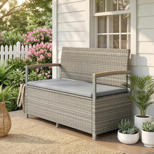 144 L Garden Storage Bench with Zipped Liner, 2 Seater PE Rattan Garden Bench with Storage, Gas Strut, Acacia Wood Top Armrests, Cushion, Patio Outdoor Benches Chest Container, Light Grey