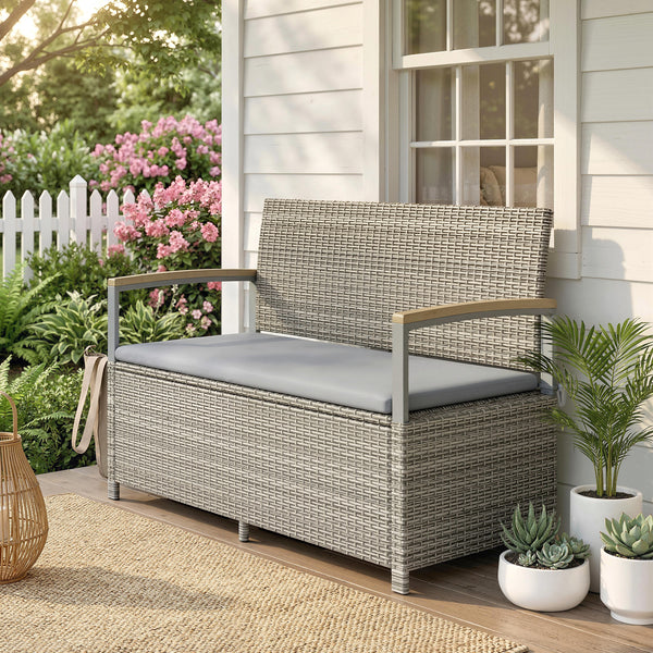 144 L Garden Storage Bench with Zipped Liner, 2 Seater PE Rattan Garden Bench with Storage, Gas Strut, Acacia Wood Top Armrests, Cushion, Patio Outdoor Benches Chest Container, Light Grey
