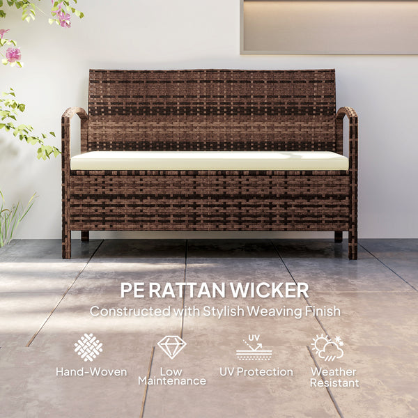 Garden Storage Bench with 125L Capacity, 2 Seater PE Rattan Garden Bench with Storage, Cushion, Wicker Outdoor Bench Loveseat with Steel Frame for Patio, Brown