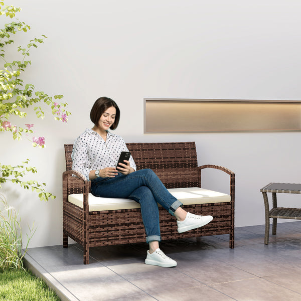 Garden Storage Bench with 125L Capacity, 2 Seater PE Rattan Garden Bench with Storage, Cushion, Wicker Outdoor Bench Loveseat with Steel Frame for Patio, Brown