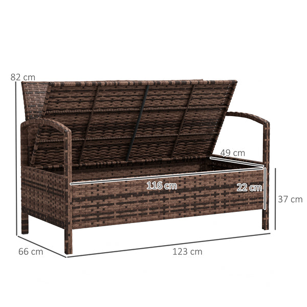 Garden Storage Bench with 125L Capacity, 2 Seater PE Rattan Garden Bench with Storage, Cushion, Wicker Outdoor Bench Loveseat with Steel Frame for Patio, Brown