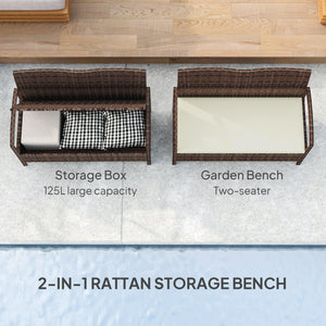 Garden Storage Bench with 125L Capacity, 2 Seater PE Rattan Garden Bench with Storage, Cushion, Wicker Outdoor Bench Loveseat with Steel Frame for Patio, Brown