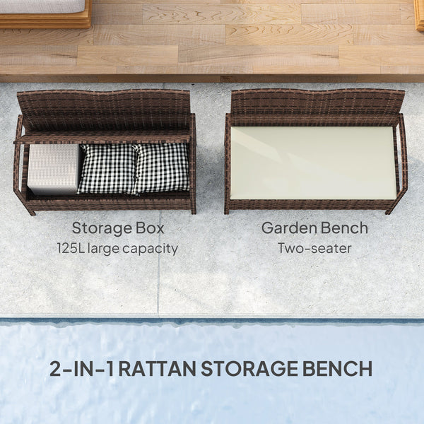 Garden Storage Bench with 125L Capacity, 2 Seater PE Rattan Garden Bench with Storage, Cushion, Wicker Outdoor Bench Loveseat with Steel Frame for Patio, Brown