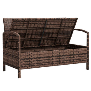 Garden Storage Bench with 125L Capacity, 2 Seater PE Rattan Garden Bench with Storage, Cushion, Wicker Outdoor Bench Loveseat with Steel Frame for Patio, Brown