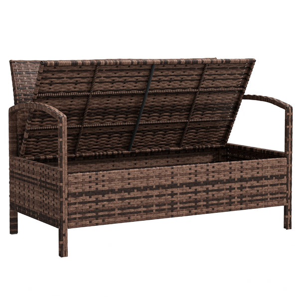Garden Storage Bench with 125L Capacity, 2 Seater PE Rattan Garden Bench with Storage, Cushion, Wicker Outdoor Bench Loveseat with Steel Frame for Patio, Brown